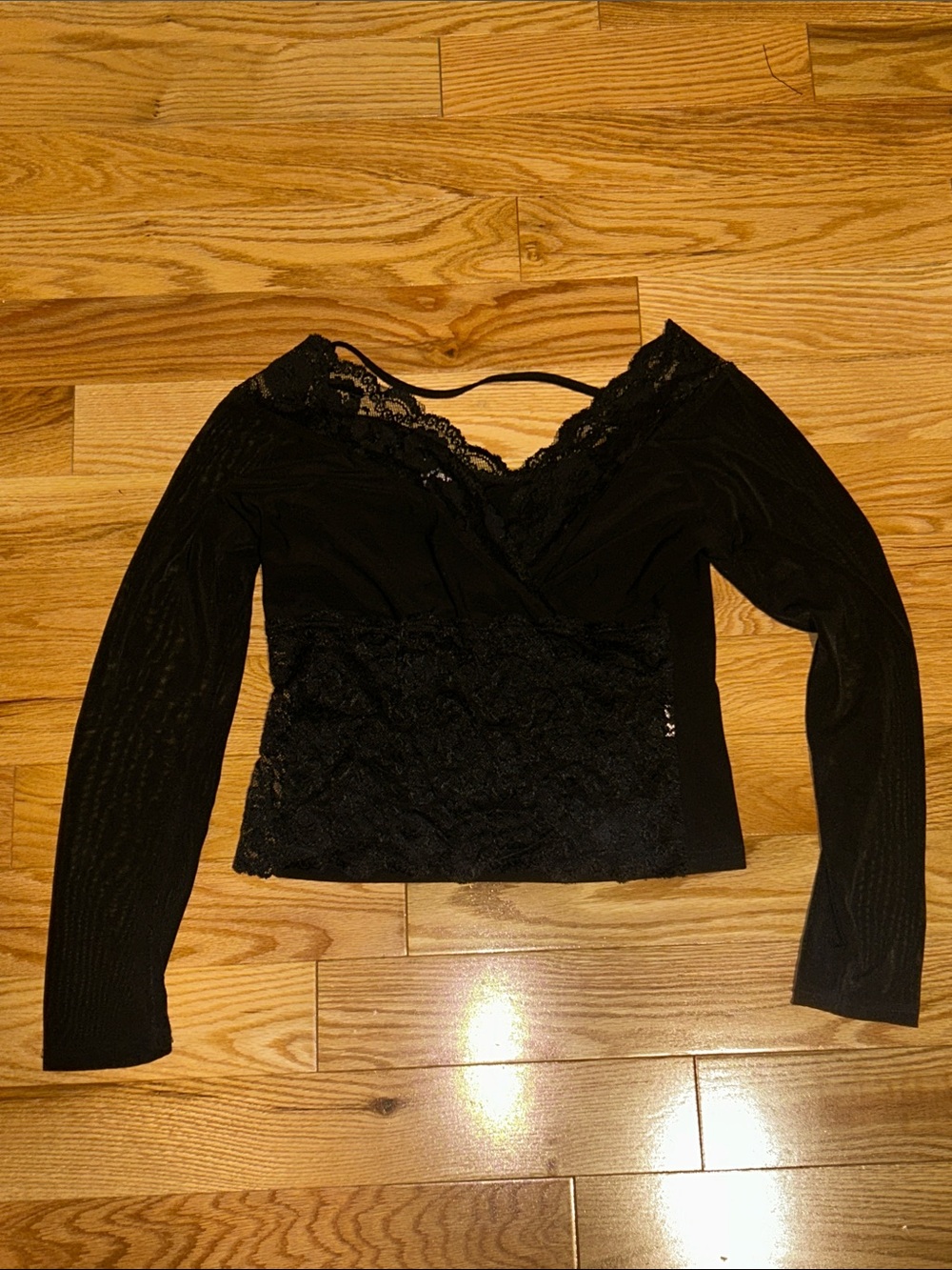 Black Lace Trim Long Sleeve Women's Top